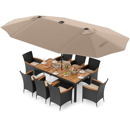 Tangkula 11 Pieces Patio Dining Set with Double-Sided Led Patio Umbrella (Base Included), with 8 Stackable Chairs, Acacia Wood Dining Table and Large Umbrella with Solar Lights (Coffee + Off White)