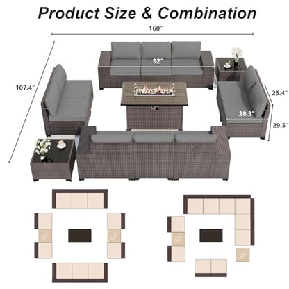 ALAULM 13 Pieces Outdoor Patio Furniture Set with Propane Fire Pit Table Outdoor Sectional Sofa Sets Patio Furniture 43" Gas Fire Pit Brown PE Rattan Patio Conversation Set w/10 Cushions (Grey)