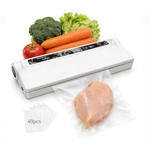 Vacuum Sealer For Food, 75KPA Strong Suction for Dry & Wet Food Preservation, 210mm Sealing Width with LED Digital Timer & Indicator, Countertop Food Sealer Includes 40 Bags for Home Kitchen