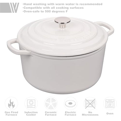 VORRINGARD Enameled Cast Iron Dutch Oven Pot with Lid, for Sourdough Bread Baking, Round Dutch Ovens, 6 Quart, White