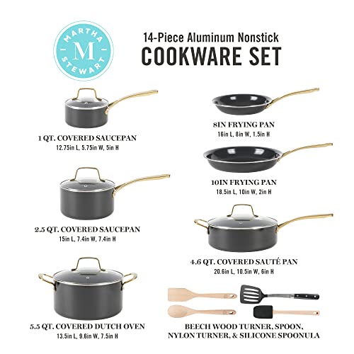 Martha Stewart Lockton 14 Piece Premium Non-Stick Heavy-Gauge Aluminum Cookware Combo Set (Pots, Pans, and Tools) - Black w/Gold Handles