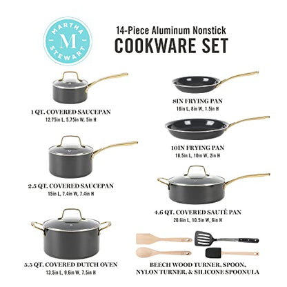 Martha Stewart Lockton 14 Piece Premium Non-Stick Heavy-Gauge Aluminum Cookware Combo Set (Pots, Pans, and Tools) - Black w/Gold Handles