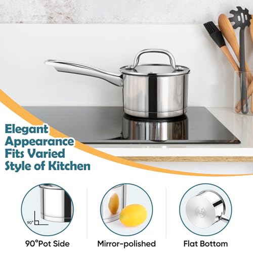 P&P CHEF 1 Quart Saucepan with Lid Set, Stainless Steel Small Cooking Pot Induction Sauce Pan for Pasta Soup, Ergonomic Handle & Tri-ply Base, Dishwasher Safe, 1 Pan