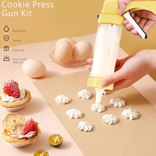 Cookie Press, Spritz Cookie Press for Baking, Thicken Cookies Press Gun Kit with 16 Discs and 6 Icing Tips, Suitable for DIY Cookies Maker and Cake Icing(Yellow)