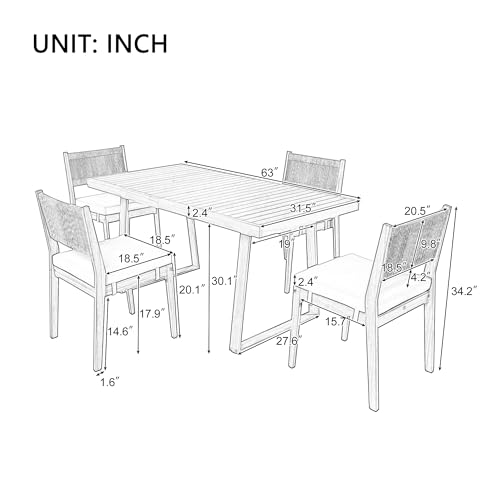 CKLMMC Modern 5 Pieces Patio Dining Table Set, Acacia Wood Dining Table and 4 Chairs,Outdoor Indoor Furniture Set for Garden, Backyard, Balcony (Beige)