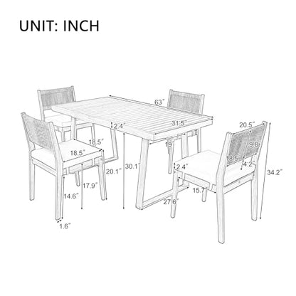 HZSSDTKJ 5-Piece Patio Furniture Dining Set, Multi-Person Outdoor Acacia Wood Dining Table Set with 4 Chair with Thick Cushions, Elegant Conversation Set for Balcony, Vourtyard and Garden (Beige-01)