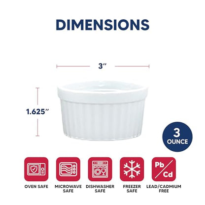 HIC Kitchen Souffle Ramekin, Fine Porcelain, For Baking Custards, Souffles, Condiments, And Desserts, 3-Ounce Capacity, Set of 6