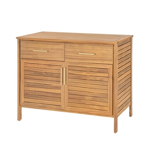 Merax Outdoor Patio Acacia Wood Cabinet, Natural Finish Storage Cabinet with 2 Drawers & Double-Door Shelf for Garden, Poolside, Patio