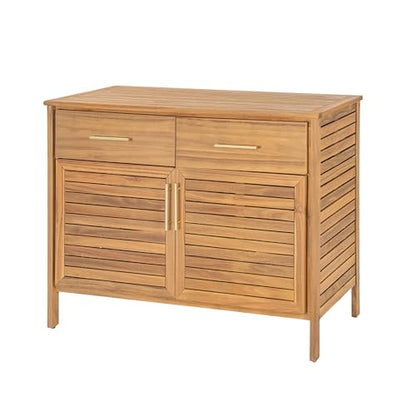 Merax Outdoor Patio Acacia Wood Cabinet, Natural Finish Storage Cabinet with 2 Drawers & Double-Door Shelf for Garden, Poolside, Patio
