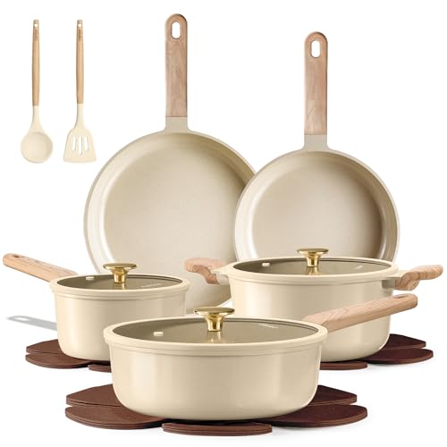 CAROTE 14Pcs Pots and Pans Set Non stick, Ceramic Cookware Set, Non-toxic Kitchen Cooking Set, PFAS and PFOA Free
