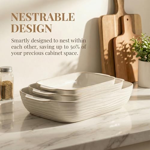 Feenmai Baking Dish for Oven, Ceramic Casserole Dishes Set for 3, Rectangular Lasagna Pan Deep, Baking Pans with Handle, 12.9“/10.8"/8.4" Bakeware Sets for Cake, Casserole, Kitchen Wedding Gifts, Arctic White