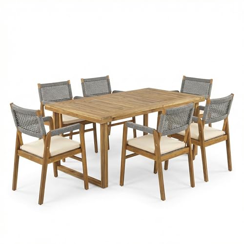 Christopher Knight Home Terry Acacia Wood Patio Dining Set for 6, Solid Wood Outdoor Dining Table Set for 6, 7 Piece Outdoor Dining Set with Rectangular Table and Woven Rope Accents, Teak+Beige+Grey