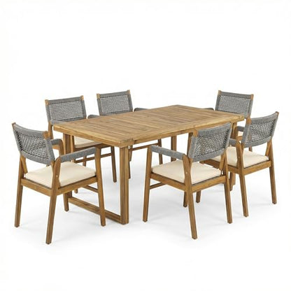 Christopher Knight Home Terry Acacia Wood Patio Dining Set for 6, Solid Wood Outdoor Dining Table Set for 6, 7 Piece Outdoor Dining Set with Rectangular Table and Woven Rope Accents, Teak+Beige+Grey