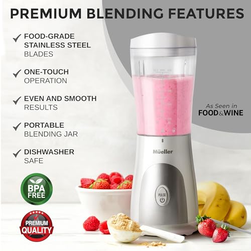 Mueller Heavy-Duty Personal Blender for Shakes and Smoothies with a 15 Oz Travel Cup and Lid, Juices, Baby Food, Portable Blender & Food Processor, White
