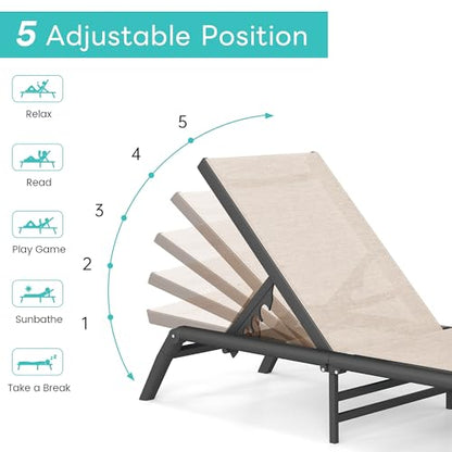 Murago Outdoor Chaise Lounge Chair Set of 2, No Assembly Foldable Lightweight Patio Lounge Chair, 5-Position Adjustable Backrest, Pool Lounge Chairs for Poolside, Beach, Patio, Lawn, Khaki