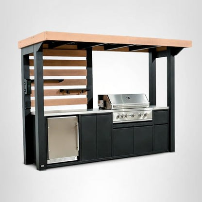 Backyard Discovery Fusion Flame Galvanized Steel Covered Outdoor Kitchen with 5-Burner Stainless, Grill, Refrigerator, Countertop, Storage, and, Roof for All-Season Outdoor Cooking, electric