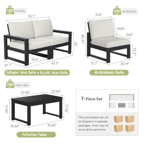 Polyhouz Outdoor Furniture with Cushions, Patio Furniture Set, 7-Piece L Shaped Outdoor Couch Sets 6 Seats, HDPE Patio Sectional Sofas for Porch, Deck, Backyard, Black