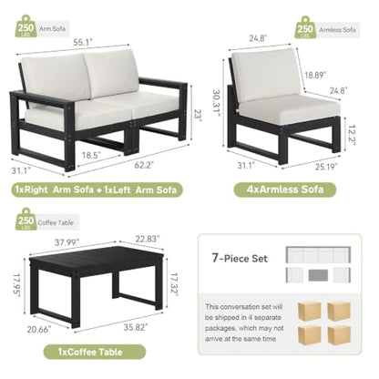 Polyhouz Outdoor Furniture with Cushions, Patio Furniture Set, 7-Piece L Shaped Outdoor Couch Sets 6 Seats, HDPE Patio Sectional Sofas for Porch, Deck, Backyard, Black