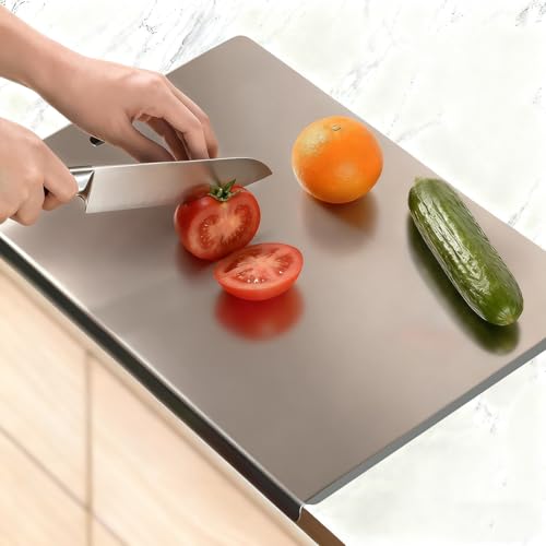 Large Stainless Steel Cutting Boards for Kitchen, Chopping Boards with Grey Non-slip Mat, Cutting Board with Counter Lip for Meat, Fruits, Vegetables, Bread,Dough(15.75" × 11.81")