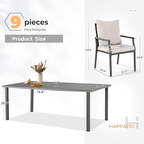HAPPATIO Patio Dining Set, Metal Outdoor Table and Chairs Set for 8, Powder-Coated Metal Chairs with Thickened Cushions, 60" Rectangular Table with 1.5" Umbrella Hole for Deck Yard Lawn