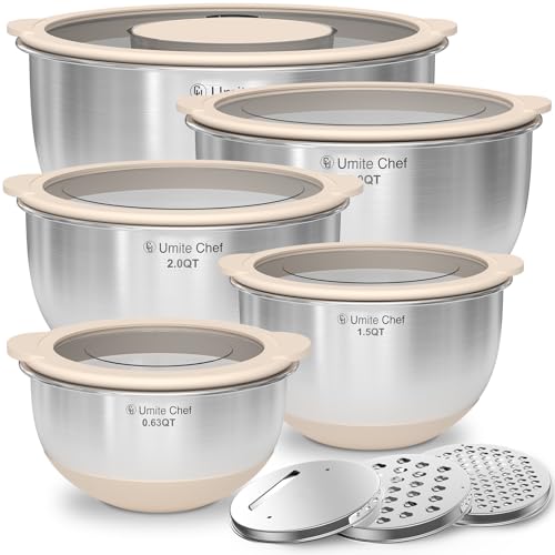 Mixing Bowles Set with Lids Set - Warp-Proof TPR-AS Lids, Stainless Steel Mixing Bowl with 3 Graters & Measuring Lines, Non-Slip Bowls for Baking, Prep, Airtight Food Storage (Khaki 5/3/2/1.5/0.63QT)