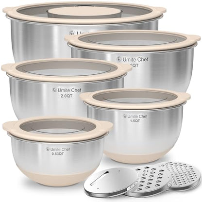 Mixing Bowles Set with Lids Set - Warp-Proof TPR-AS Lids, Stainless Steel Mixing Bowl with 3 Graters & Measuring Lines, Non-Slip Bowls for Baking, Prep, Airtight Food Storage (Khaki 5/3/2/1.5/0.63QT)