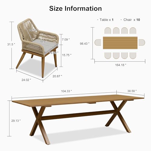PURPLE LEAF 11 Pieces Outdoor Dining Set All-Weather PE Rattan Outdoor Patio Furniture Set with All Aluminum Frame Rectangular Table and Chairs Set for Lawn Garden Backyard Deck, Teak