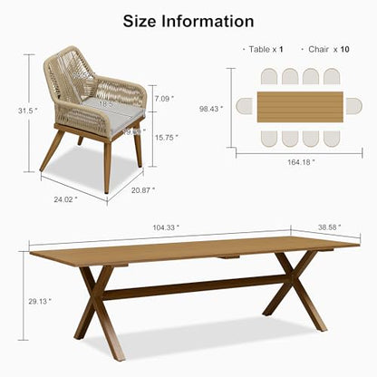 PURPLE LEAF 11 Pieces Outdoor Dining Set All-Weather PE Rattan Outdoor Patio Furniture Set with All Aluminum Frame Rectangular Table and Chairs Set for Lawn Garden Backyard Deck, Teak