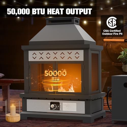 EAGLE PEAK Outdoor Propane Fireplace 50,000 BTU Gas Fireplace with Locking Mesh Doors with Storage & Adjustable Flame, Patio Heater for Decks Backyards, Black/Gray