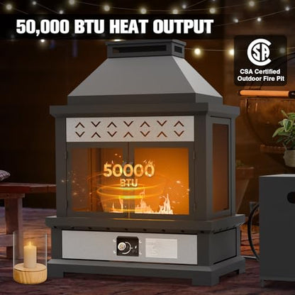 EAGLE PEAK Outdoor Propane Fireplace 50,000 BTU Gas Fireplace with Locking Mesh Doors with Storage & Adjustable Flame, Patio Heater for Decks Backyards, Black/Gray