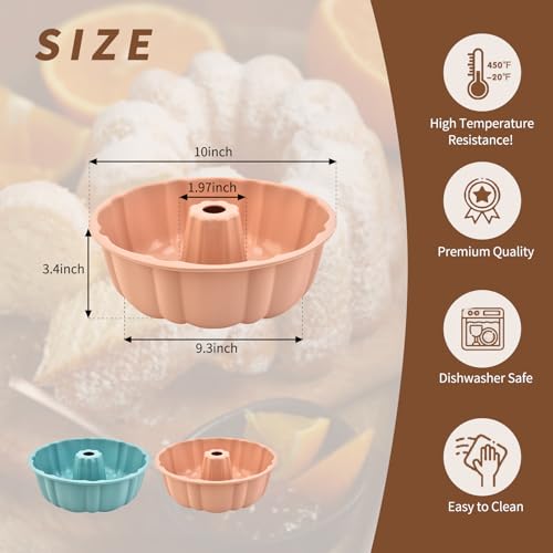 PADELE 2 Pack Silicone Cake Pan Nonstick,10 Inch, Silicone Cake Molds,Pound Cake Pan, Baking Cake Pan for Jello,Gelatin,Cake,Brownie and Bread（Pink+Blue）