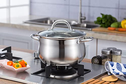 Alpine Cuisine Stainless Steel Dutch Oven Belly Shape 4 Quart - Heavy Duty Pot with Tempered Glass Lid,Comfortable Handles, Dishwasher Safe & Easy to Clean