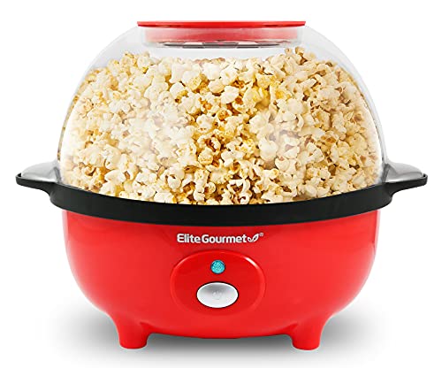 Elite Gourmet EPM330R Automatic Stirring Ceramic Nonstick 12-cup Popcorn Maker, Hot Oil Popcorn Machine w/Measuring Cap & Built-in Reversible Serving Bowl, Great for Home Party, ETL Approved, Red