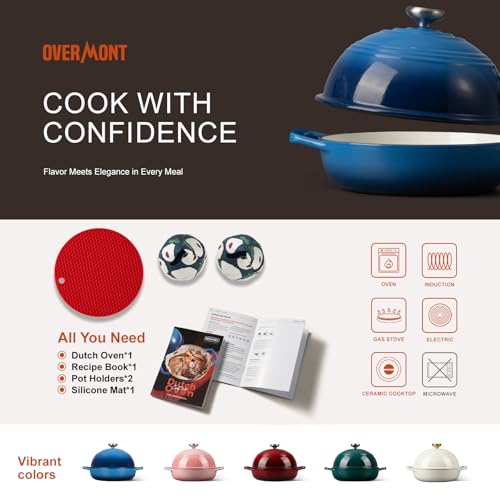 Overmont Enameled Cast Iron Bread Oven - 6QT Bread Dutch Oven for Sourdough Baking - Bread Pot with Dome Lid Cotton Potholders & Cookbook - Multi-Functional Bread Pan For Baking Frying Roasting