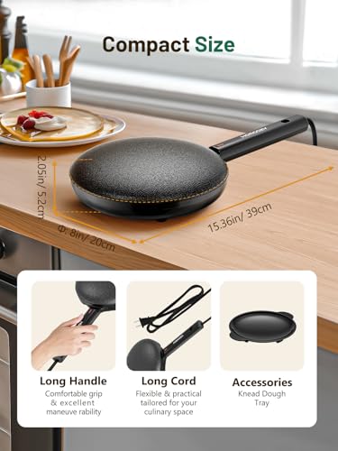 Electric Crepe Maker Machine, Homcozy Instant Crepe Maker with Handle, 8 Inch Non-Stick Coating Crepe Pan, Auto Temperature Control for Crepes, Pancakes, Bacon, Tortilla
