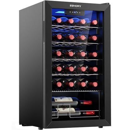 EUHOMY 25 bottle Wine Cooler Refrigerator, Freestanding Compressor Wine Fridge with Adjustable Temperature and Digital Control, Mini Fridge with Glass Door for Red White Wine, Beer, Black