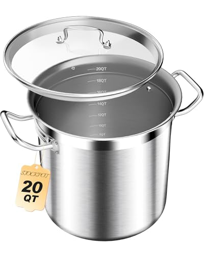 STOCKPOT Stainless Steel 20 Quart Stockpot with Tempered Glass Lid, 3-Ply Base, 8.8 lbs, Polished Finish, Suitable for Stovetop and Oven, Dishwasher Safe