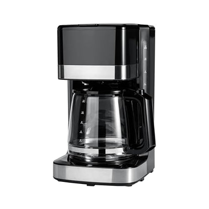 Amazon Basics 12 Cup Drip Coffee Maker with Glass Carafe (1.9 Qt), Auto Shut-off, Auto Pause, Removable Filter Basket, Black & Silver