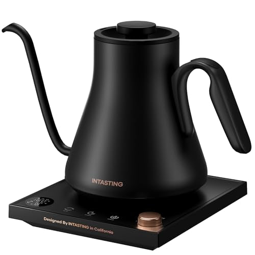 INTASTING Electric Kettle, Gooseneck Electric Kettle, ±1℉ Precise Temperature Control, Stainless Steel Interior, Quick Heating for Pour Over Coffee, Tea & Boiling Water, 0.9L (Black)