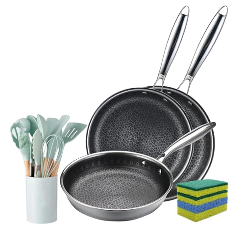 Vivicreate Tri-Ply Stainless Steel Frying Pan Set, 19 Piece Nonstick Skillet Cookware Set with 3 Fry Pans 9.5 10.25 11 Inch, Induction Compatible, Kitchen Utensils Included