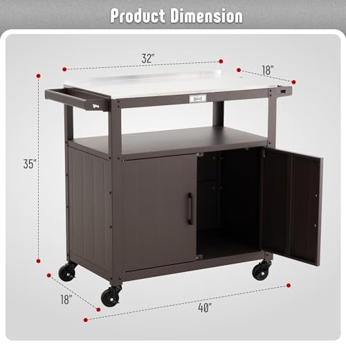 Feasto Outdoor Grill Cart with Stainless Steel Tabletop and Storage Cabinet, Movable Kitchen Island with Wheels for BBQ Food Prep, Brown