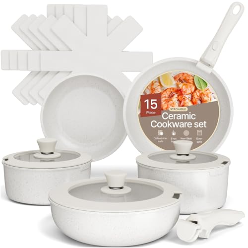 Bakken 15-Piece Non-Stick Cookware Set with Detachable Handles – Granite Stackable Pots and Pans Set, Dishwasher Safe, Oven-Safe, and Compatible Kitchen Essential for All Stoves – Cream
