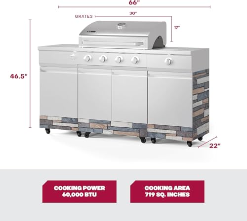 Tytus Fresno 5-Burner Propane or Natural Gas Island Grill – 864 sq. in. Cooking, 48,000 BTU Main + 12,000 BTU Side Burner, Porcelain Grates, Storage Cabinets, Semi-Portable - SS/Ash Stone