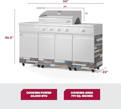 Tytus Fresno 5-Burner Propane or Natural Gas Island Grill – 864 sq. in. Cooking, 48,000 BTU Main + 12,000 BTU Side Burner, Porcelain Grates, Storage Cabinets, Semi-Portable - SS/Ash Stone