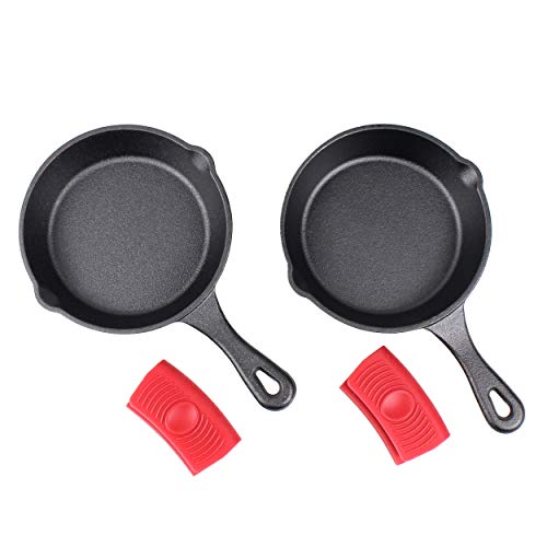 6" Cast Iron Skillet Set of 2 (Pre-Seasoned) with 2 Silicon Hot Handle Holder Grips