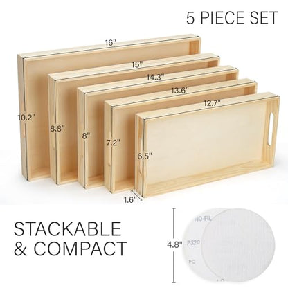 LotFancy Wooden Nested Serving Trays, Set of 5, Unfinished Natural Wood Trays with Handles, for Craft and Decor, Food Organizer for Breakfast, Lunch, Dinner