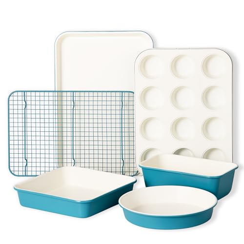 CAROTE 6-Piece Ceramic Baking Pans Set, Aluminized Steel Bakeware Sets, Toxin-Free Nonstick Stackable Oven Pans with Cookie Sheet, Muffin Pan, Loaf Pan, Round & Square Cake Pan, Cooling Rack