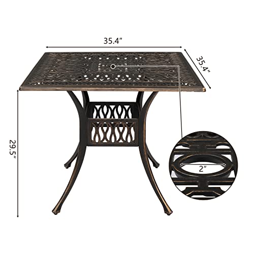 VINGLI 5 Pieces Outdoor Patio Dining Set, Cast Aluminium Patio Furniture Set with 4 Chairs and 1 Umbrella Table for Yard, Garden, Porch and Poolside, Bronze