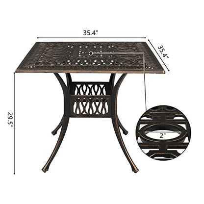 VINGLI 5 Pieces Outdoor Patio Dining Set, Cast Aluminium Patio Furniture Set with 4 Chairs and 1 Umbrella Table for Yard, Garden, Porch and Poolside, Bronze