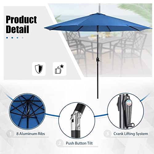 Crownland 5 Piece Patio Dining Set, 4 Stackable Metal Chairs and Square Outdoor Dining Table with 9FT Dark Blue Round Outdoor Umbrella (Metal Tabletop)